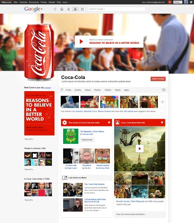 Вариант страницы Coca-Cola в социальной сети Google+ по версии Mashable